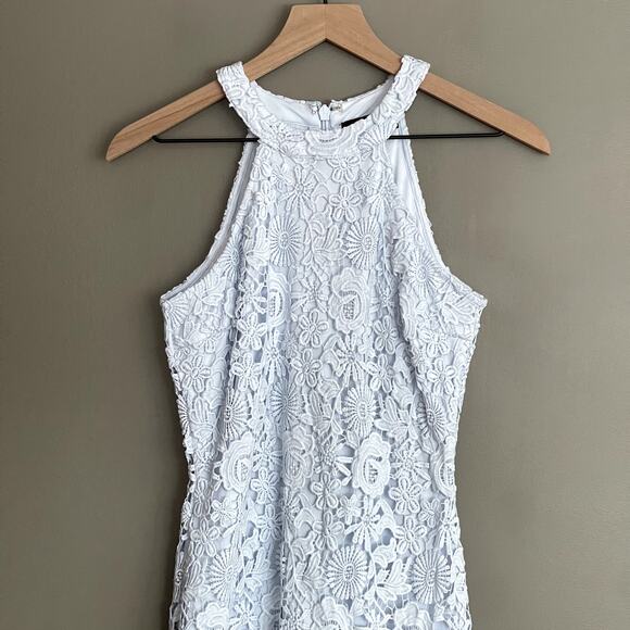Lulu's Love Poem Light Blue Lace Mini Dress Size Small Halter Crochet Cocktail - Picture 10 of 16